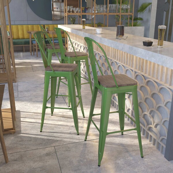 Flash Furniture Green Metal Barstool with Back and Wood Seat, 30" High, PK4 4-CH-31320-30GB-GN-WD-GG - main